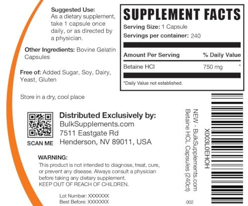 BulkSupplements.com Betain-HCl Kapseln - Betainhydrochlorid zur Unterstützung der Verdauung, 750 mg pro Kapsel, 240 Kapseln