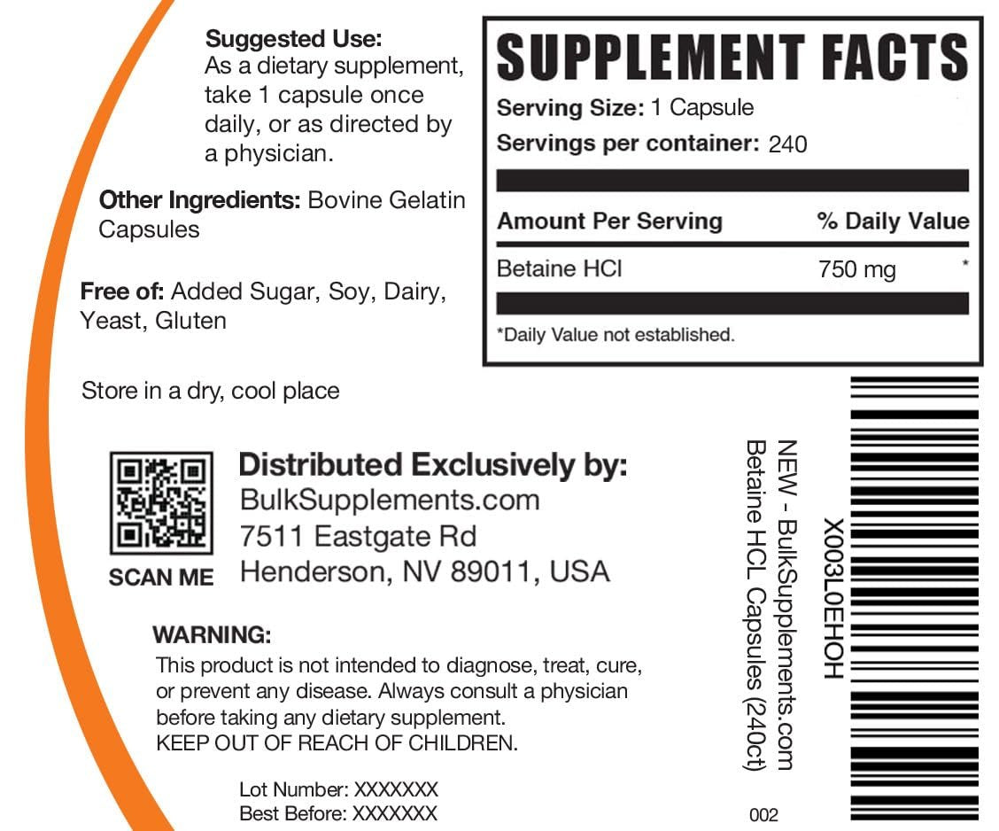 BulkSupplements.com Betain-HCl Kapseln - Betainhydrochlorid zur Unterstützung der Verdauung, 750 mg pro Kapsel, 240 Kapseln