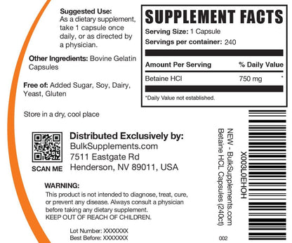 BulkSupplements.com Betain-HCl Kapseln - Betainhydrochlorid zur Unterstützung der Verdauung, 750 mg pro Kapsel, 240 Kapseln