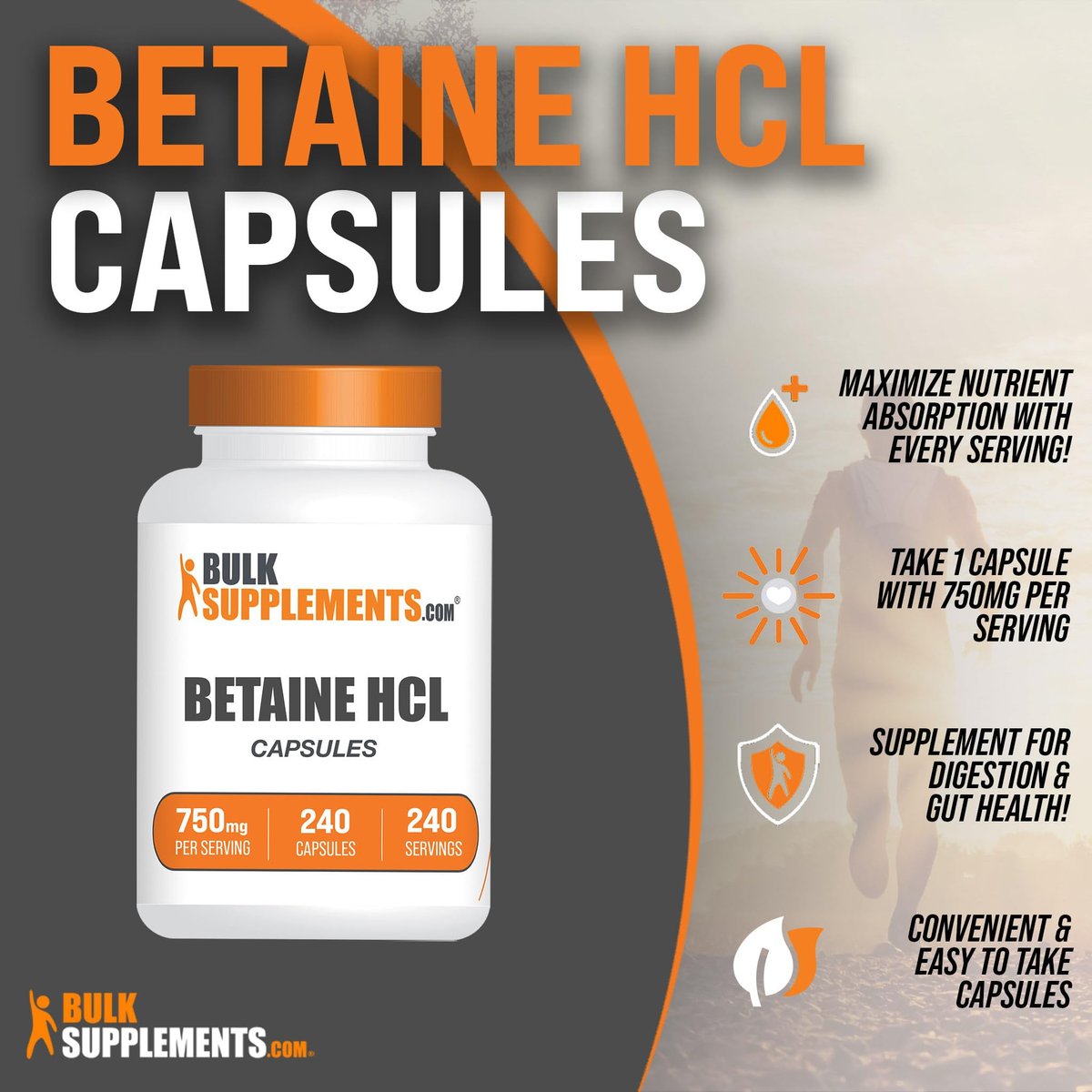 BulkSupplements.com Betain-HCl Kapseln - Betainhydrochlorid zur Unterstützung der Verdauung, 750 mg pro Kapsel, 240 Kapseln