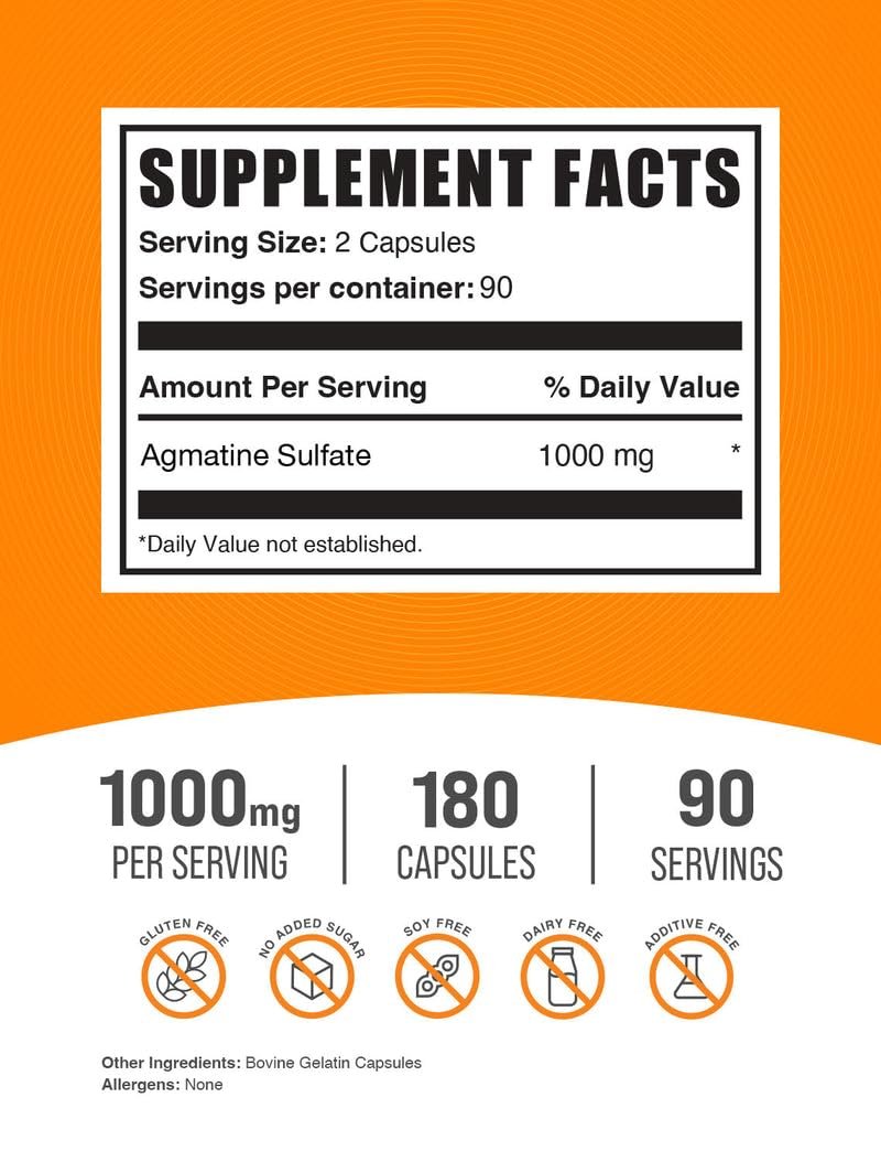 BulkSupplements.com Agmatinsulfat Kapseln - Stickstoffmonoxid-Präparat, Agmatin-Präparat - Glutenfrei, 2 Kapseln pro Portion, 180 Stück (1er-Pack)