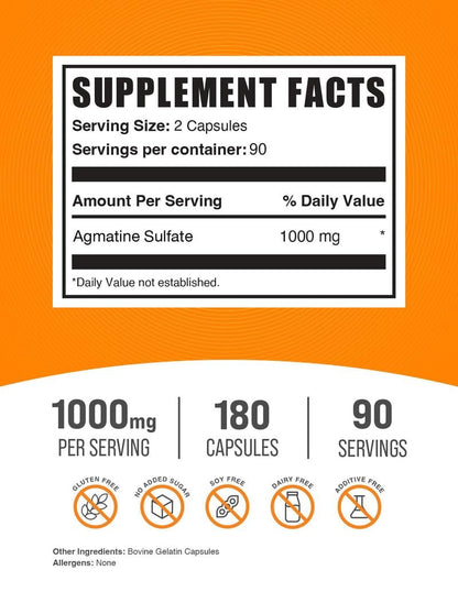 BulkSupplements.com Agmatinsulfat Kapseln - Stickstoffmonoxid-Präparat, Agmatin-Präparat - Glutenfrei, 2 Kapseln pro Portion, 180 Stück (1er-Pack)