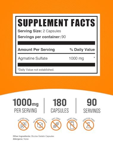 BulkSupplements.com Agmatinsulfat Kapseln - Stickstoffmonoxid-Präparat, Agmatin-Präparat - Glutenfrei, 2 Kapseln pro Portion, 180 Stück (1er-Pack)