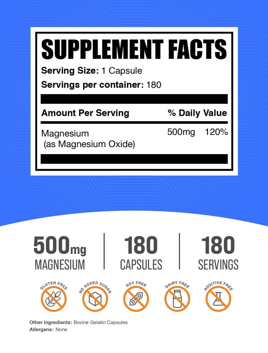 BulkSupplements.com Magnesiumoxid Kapseln - Magnesiumpräparat, 500 mg Magnesiumoxid pro Portion, 1 Kapsel pro Portion, 180 Stück (1er-Pack)