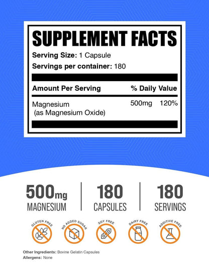 BulkSupplements.com Magnesiumoxid Kapseln - Magnesiumpräparat, 500 mg Magnesiumoxid pro Portion, 1 Kapsel pro Portion, 180 Stück (1er-Pack)