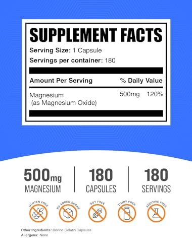 BulkSupplements.com Magnesiumoxid Kapseln - Magnesiumpräparat, 500 mg Magnesiumoxid pro Portion, 1 Kapsel pro Portion, 180 Stück (1er-Pack)
