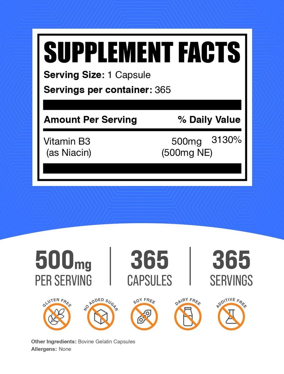 BulkSupplements.com Niacin Kapseln - Vitamin B3 Ergänzung - Glutenfrei, 1 Kapsel pro Portion, 365 Kapseln (1 Packung)