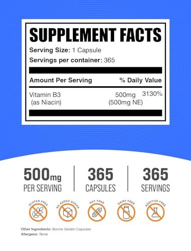 BulkSupplements.com Niacin Kapseln - Vitamin B3 Ergänzung - Glutenfrei, 1 Kapsel pro Portion, 365 Kapseln (1 Packung)