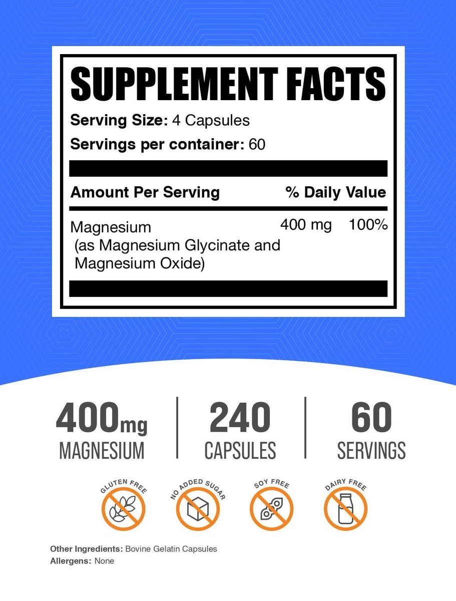 BulkSupplements.com Magnesium Glycinat Kapseln – Magnesiumpräparat, hoch bioverfügbare Form – Glutenfrei, 4 Kapseln pro Portion (400 mg), 240 Stück (1er-Pack)