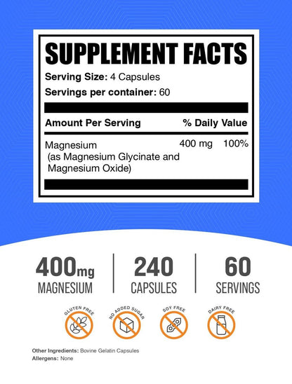 BulkSupplements.com Magnesium Glycinat Kapseln – Magnesiumpräparat, hoch bioverfügbare Form – Glutenfrei, 4 Kapseln pro Portion (400 mg), 240 Stück (1er-Pack)