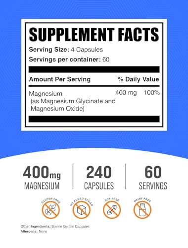 BulkSupplements.com Magnesium Glycinat Kapseln – Magnesiumpräparat, hoch bioverfügbare Form – Glutenfrei, 4 Kapseln pro Portion (400 mg), 240 Stück (1er-Pack)