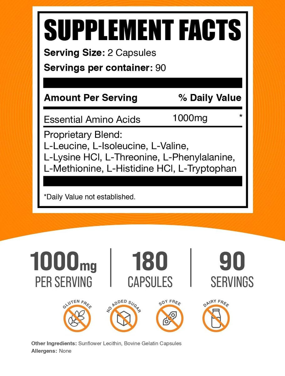 BulkSupplements.com Essentielle Aminosäuren Kapseln (EAA) - Aminosäuren Supplement - EAAs Aminosäuren - EAA Kapseln - 1000 mg Portion - 90-Tage-Vorrat (180 Gelatinekapseln)
