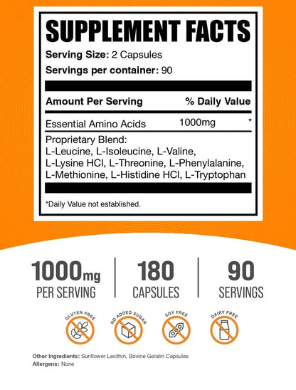 BulkSupplements.com Essentielle Aminosäuren Kapseln (EAA) - Aminosäuren Supplement - EAAs Aminosäuren - EAA Kapseln - 1000 mg Portion - 90-Tage-Vorrat (180 Gelatinekapseln)