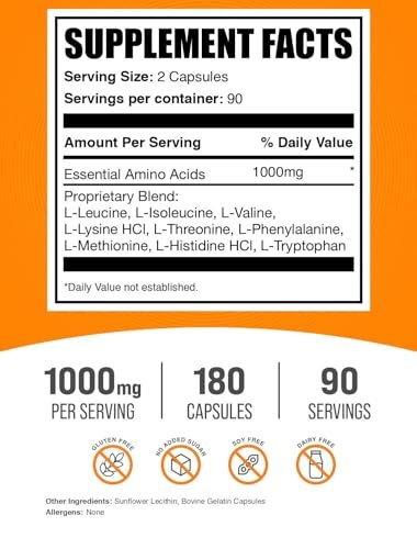 BulkSupplements.com Essentielle Aminosäuren Kapseln (EAA) - Aminosäuren Supplement - EAAs Aminosäuren - EAA Kapseln - 1000 mg Portion - 90-Tage-Vorrat (180 Gelatinekapseln)