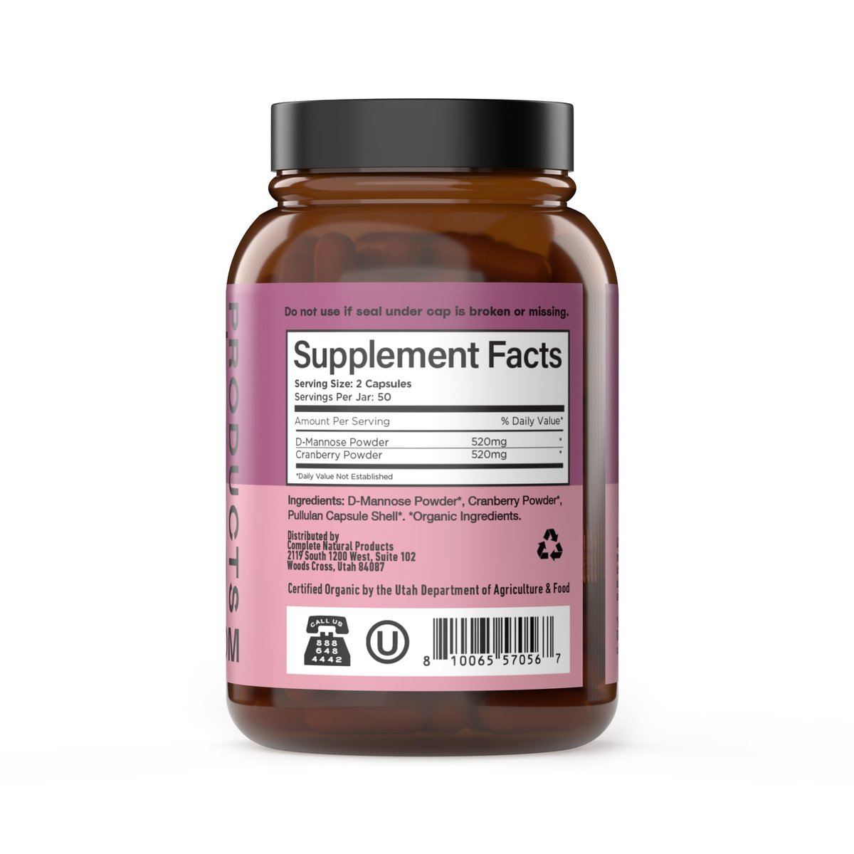 Complete Natural Products Bio D-Mannose & Cranberry Kapseln 520mg | 100 Stück | Pflanzliche Unterstützung für die Harnwege | Vegan, Non-GMO, Koscher, Glutenfrei