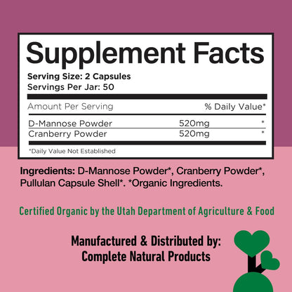 Complete Natural Products Bio D-Mannose & Cranberry Kapseln 520mg | 100 Stück | Pflanzliche Unterstützung für die Harnwege | Vegan, Non-GMO, Koscher, Glutenfrei