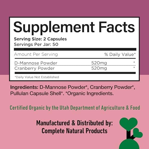 Complete Natural Products Bio D-Mannose & Cranberry Kapseln 520mg | 100 Stück | Pflanzliche Unterstützung für die Harnwege | Vegan, Non-GMO, Koscher, Glutenfrei