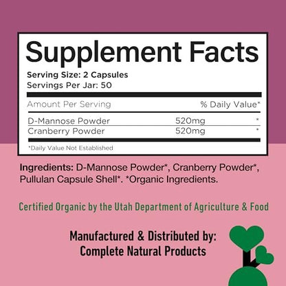 Complete Natural Products Bio D-Mannose & Cranberry Kapseln 520mg | 100 Stück | Pflanzliche Unterstützung für die Harnwege | Vegan, Non-GMO, Koscher, Glutenfrei