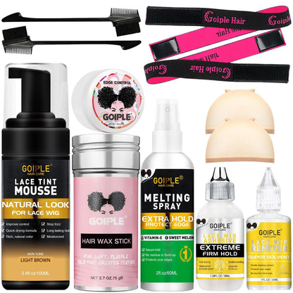 Lace Tint Melting Mousse für Damen-Toupets, Haarteile und Perücken - Natürliche Finish-Farbe, Perückenkleber und Werkzeugset (Hellbraun)