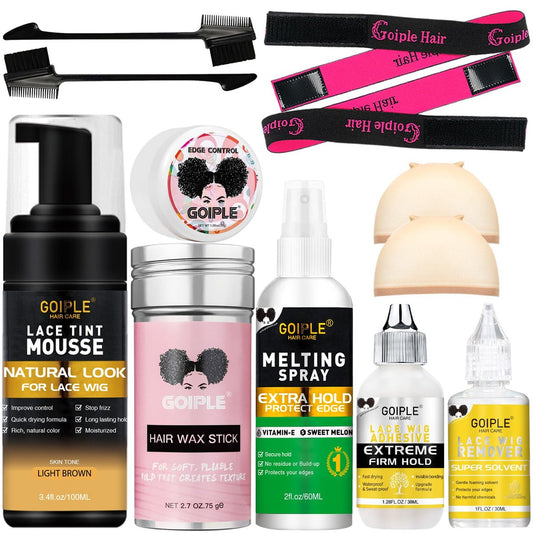Lace Tint Melting Mousse für Damen-Toupets, Haarteile und Perücken - Natürliche Finish-Farbe, Perückenkleber und Werkzeugset (Hellbraun)