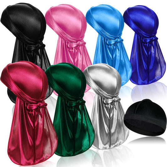 7-teiliges Set aus seidigen Durags mit langem Schwanz und 1 Satin Wave Cap – Do Rags für Männer 360 Waves, Multicolor