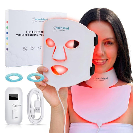 Nourished Bodynskin LED-Lichttherapie-Gesichts- und Halsmaske – Hautpflegegerät mit 7 Farben Rot & Blau – Verjüngung und Anti-Aging für Falten