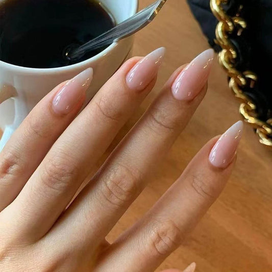 Hkanlre Bling Sargnägel Press On Nails – 24-teiliges Set mit vollem Deckel, mittellange Fake Nails, Gradient-Nägel für Frauen und Mädchen (Nude Almond)