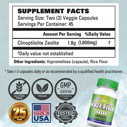 Zeolite Pure Kapseln | Zeolith Detox, Extra Stärke | Reinigung für Frauen, Männer | Aktiviertes Bio, Lebensmittelqualität Klinoptilolith Pulver 94%, 90 Kapseln (81 Gramm), 6 Wochen bis 3 Monate Vorrat