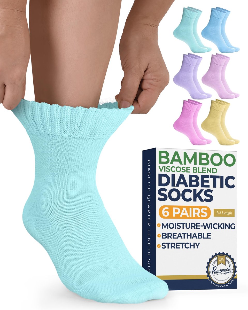 Pembrook Bambus-Viskose Diabetikersocken - 6 Paar Knöchelsocken für geschwollene Füße & Neuropathie - Rosa, Hellrosa, Lila, Blau, Grün, Gelb