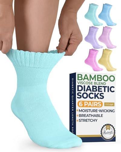 Pembrook Bambus-Viskose Diabetikersocken - 6 Paar Knöchelsocken für geschwollene Füße & Neuropathie - Rosa, Hellrosa, Lila, Blau, Grün, Gelb
