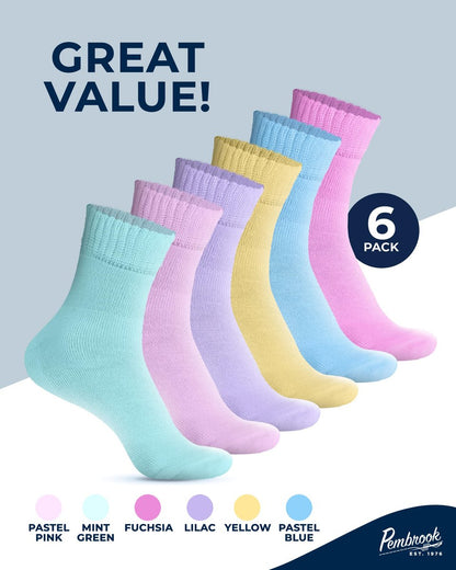 Pembrook Bambus-Viskose Diabetikersocken - 6 Paar Knöchelsocken für geschwollene Füße & Neuropathie - Rosa, Hellrosa, Lila, Blau, Grün, Gelb