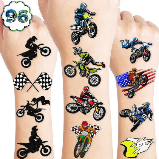 Dirt Bike Temporäre Tattoos - 96 Stück (8 Bögen) Motocross Aufkleber für Jungen & Mädchen | Geburtstagsparty-Zubehör, Geschenke, Dekoration & Belohnungen