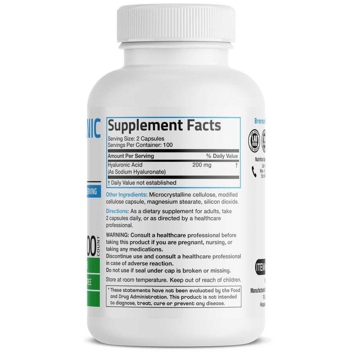 Bronson Hyaluronsäure 200 mg – Hochdosiert für Gelenke & Haut, Non-GMO, 200 Kapseln