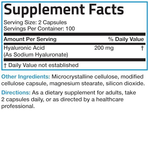 Bronson Hyaluronsäure 200 mg – Hochdosiert für Gelenke & Haut, Non-GMO, 200 Kapseln