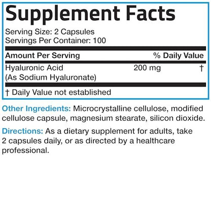 Bronson Hyaluronsäure 200 mg – Hochdosiert für Gelenke & Haut, Non-GMO, 200 Kapseln
