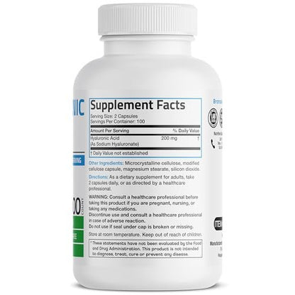 Bronson Hyaluronsäure 200 mg – Hochdosiert für Gelenke & Haut, Non-GMO, 200 Kapseln