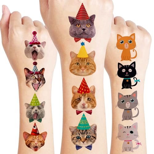 96 Stück Super süße Katzen temporäre Tattoos für Kinder, Party-Geschenke, Geburtstagsfeier, 8 Bögen Fake Tattoo Aufkleber