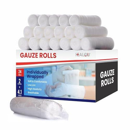 HEALQU Premium Mullbinden – 24 Rollen, 5 cm x 3,7 m, einzeln verpackt, elastisch, weich, für Wundversorgung und Verbände
