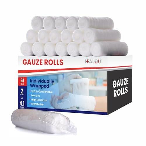 HEALQU Premium Mullbinden – 24 Rollen, 5 cm x 3,7 m, einzeln verpackt, elastisch, weich, für Wundversorgung und Verbände