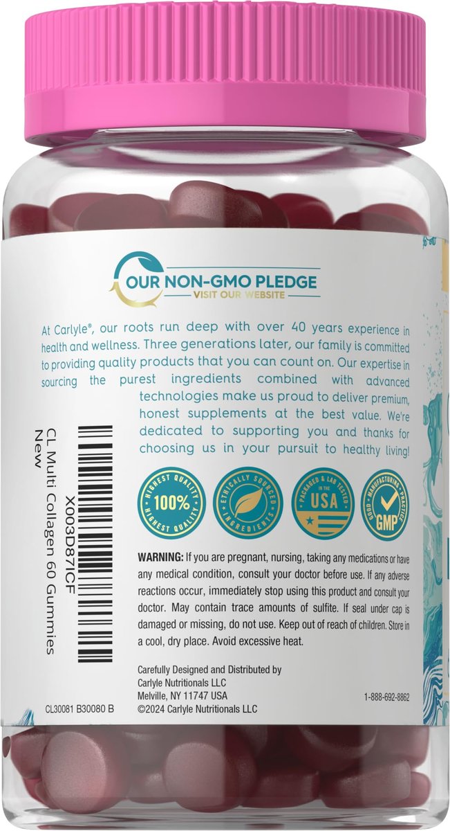 Carlyle Kollagen-Peptid-Gummibärchen | 60 Stück | Multi-Kollagen-Komplex | Schönheitsformel | Geschmack: Mischbeere | Non-GMO, Glutenfrei