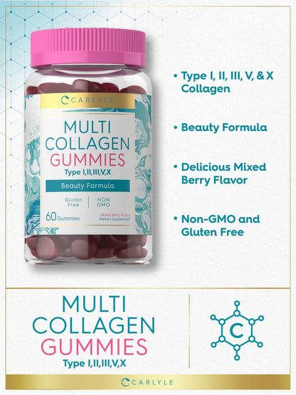 Carlyle Kollagen-Peptid-Gummibärchen | 60 Stück | Multi-Kollagen-Komplex | Schönheitsformel | Geschmack: Mischbeere | Non-GMO, Glutenfrei