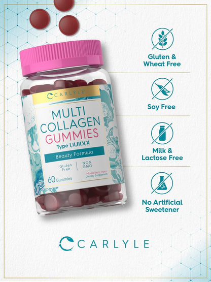 Carlyle Kollagen-Peptid-Gummibärchen | 60 Stück | Multi-Kollagen-Komplex | Schönheitsformel | Geschmack: Mischbeere | Non-GMO, Glutenfrei