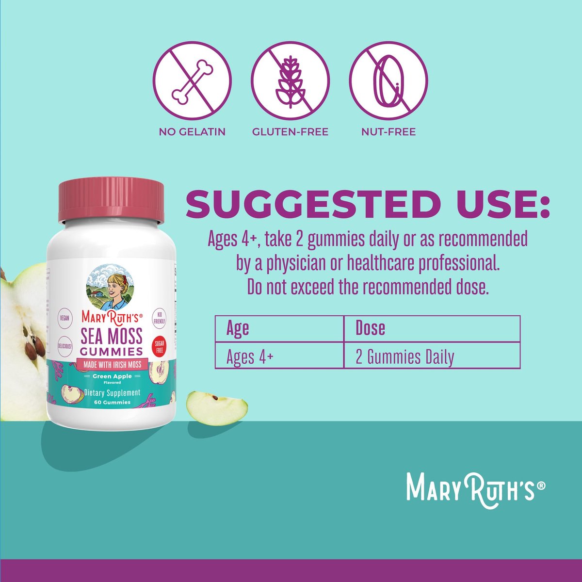 MaryRuth Organics Zuckerfreie Gummibärchen mit Irischem Moos – Für Darmgesundheit & Immunsystem – Vegan, Non-GMO, Glutenfrei – Für Erwachsene & Kinder ab 4 Jahren – 60 Stück