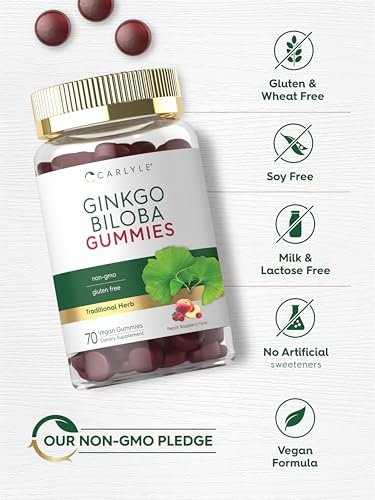 Carlyle Ginkgo Biloba 70 Gummibärchen | 45:1 Blattextrakt | Pfirsich-Himbeer-Geschmack | Vegan, Nicht-GVO, Glutenfrei