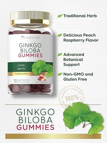 Carlyle Ginkgo Biloba 70 Gummibärchen | 45:1 Blattextrakt | Pfirsich-Himbeer-Geschmack | Vegan, Nicht-GVO, Glutenfrei