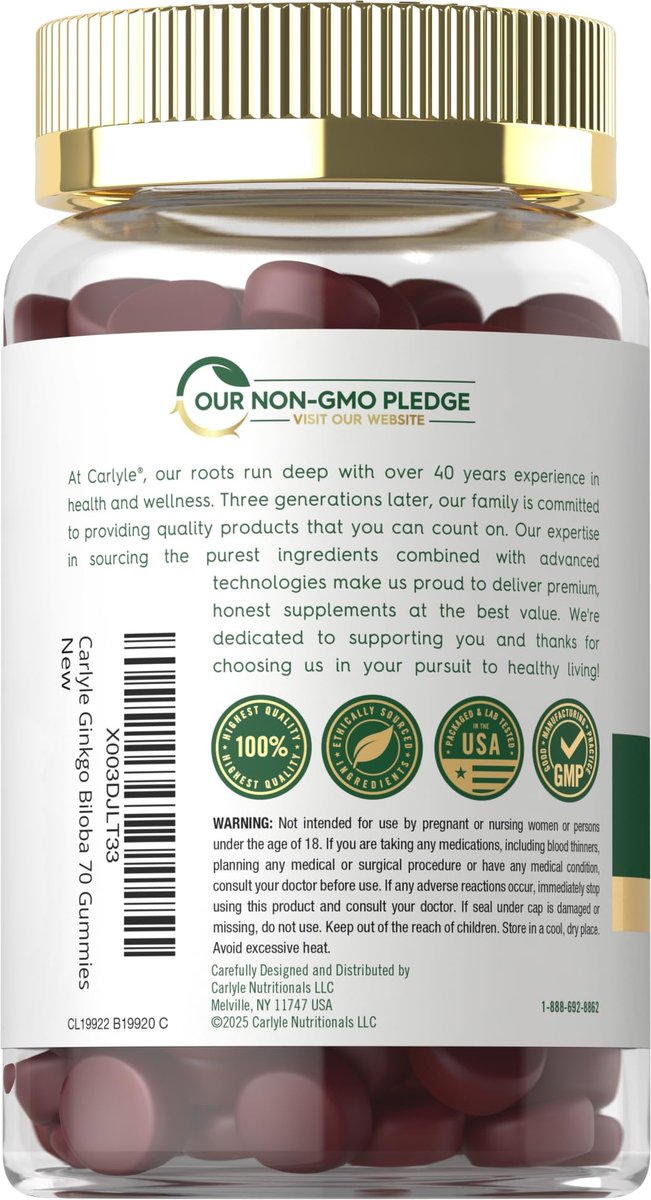 Carlyle Ginkgo Biloba 70 Gummibärchen | 45:1 Blattextrakt | Pfirsich-Himbeer-Geschmack | Vegan, Nicht-GVO, Glutenfrei
