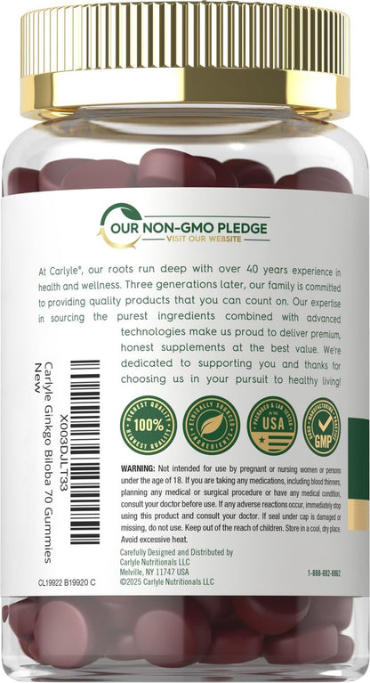 Carlyle Ginkgo Biloba 70 Gummibärchen | 45:1 Blattextrakt | Pfirsich-Himbeer-Geschmack | Vegan, Nicht-GVO, Glutenfrei
