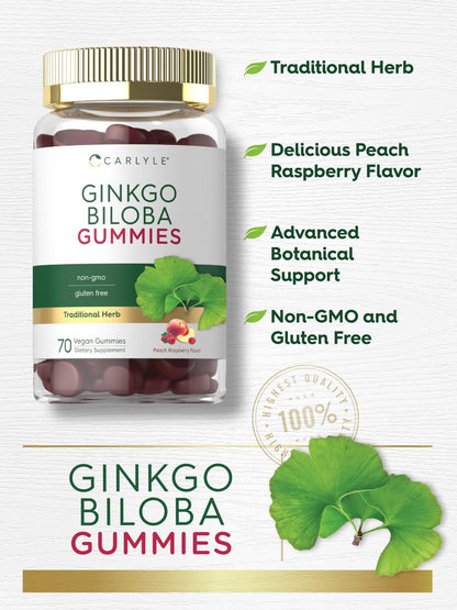 Carlyle Ginkgo Biloba 70 Gummibärchen | 45:1 Blattextrakt | Pfirsich-Himbeer-Geschmack | Vegan, Nicht-GVO, Glutenfrei