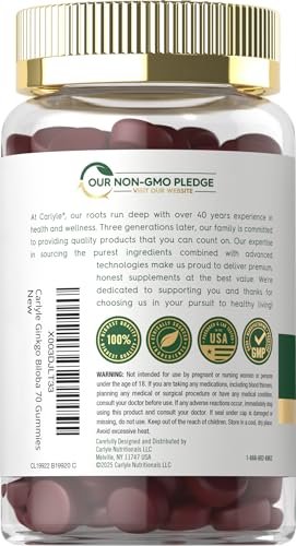 Carlyle Ginkgo Biloba 70 Gummibärchen | 45:1 Blattextrakt | Pfirsich-Himbeer-Geschmack | Vegan, Nicht-GVO, Glutenfrei
