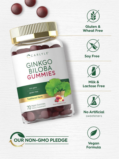 Carlyle Ginkgo Biloba 70 Gummibärchen | 45:1 Blattextrakt | Pfirsich-Himbeer-Geschmack | Vegan, Nicht-GVO, Glutenfrei